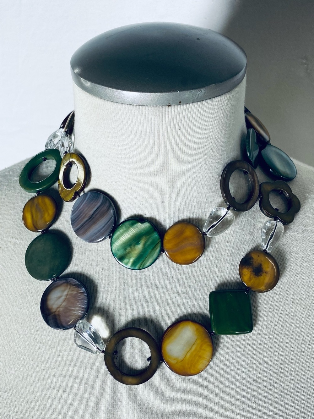 Vintage Long Single Strand Earth Tone Mixed Media Statement Necklace Boho